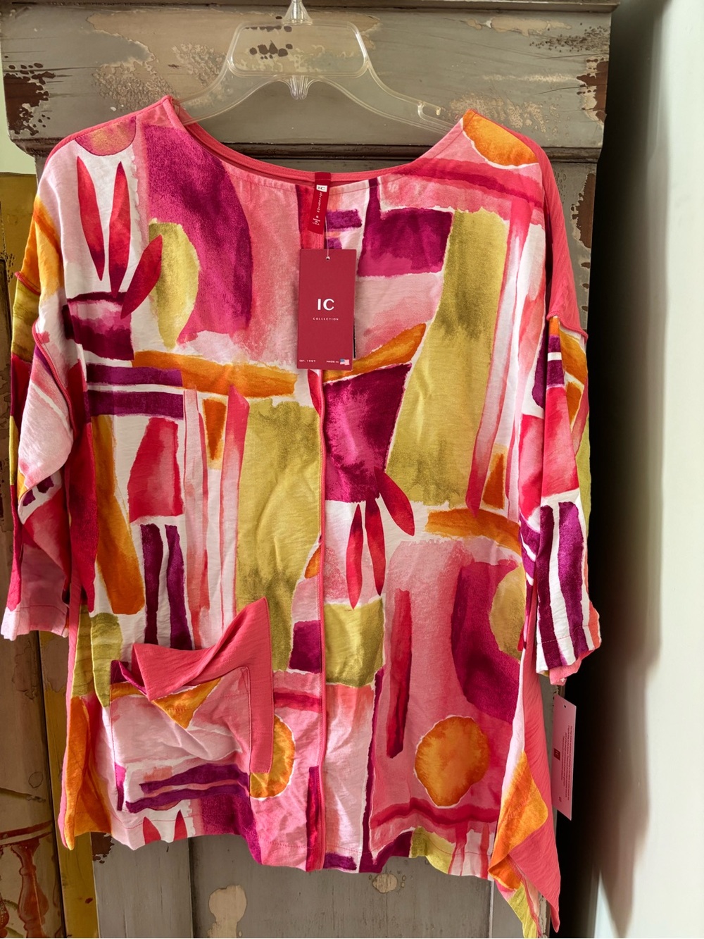 IC COLLECTION Bright Pink Abstract Watercolor Tunic Top